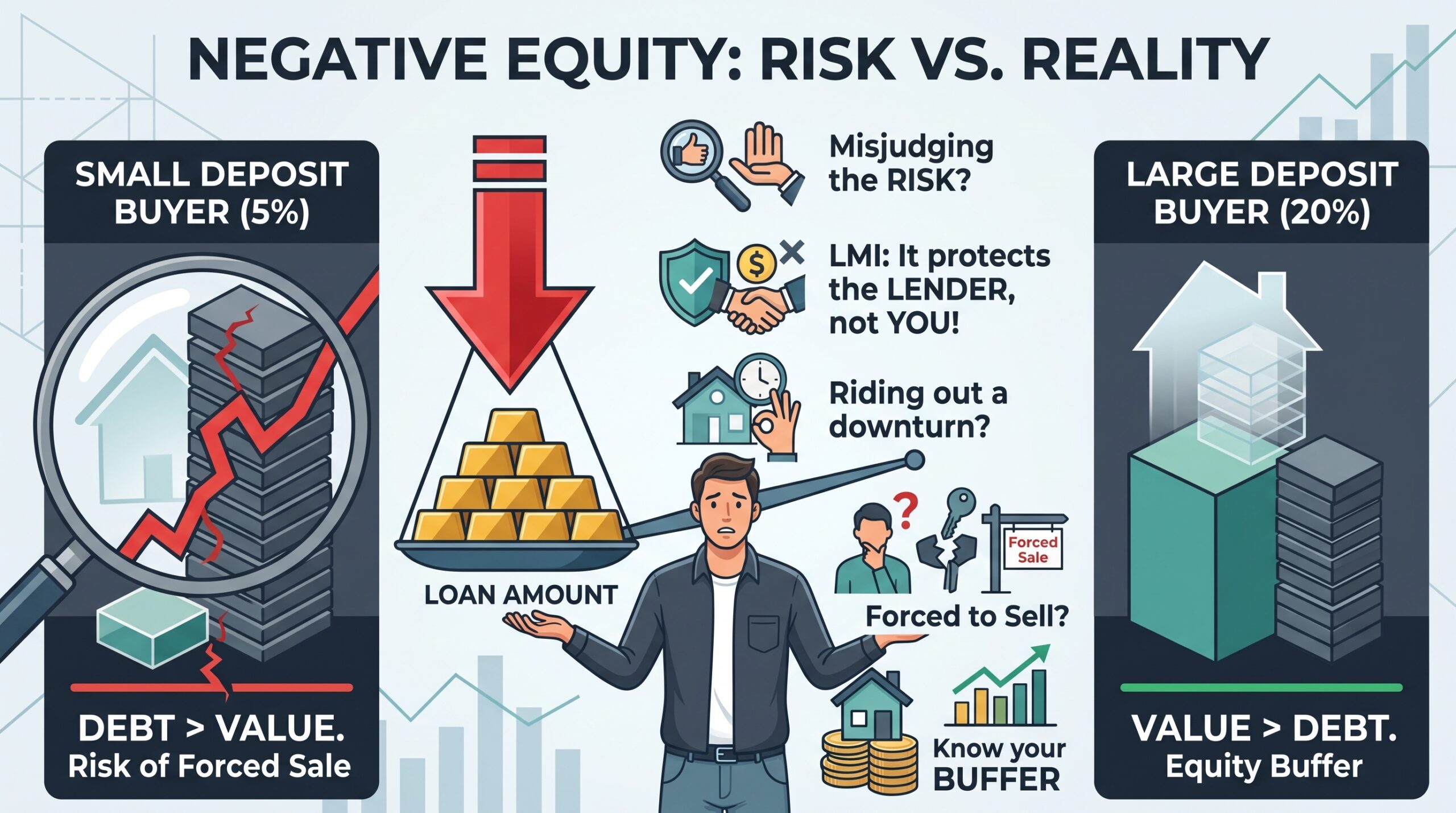 Infographic comparing negative equity risk between a 5% deposit buyer and a 20% deposit buyer, showing forced sale risk versus equity buffer