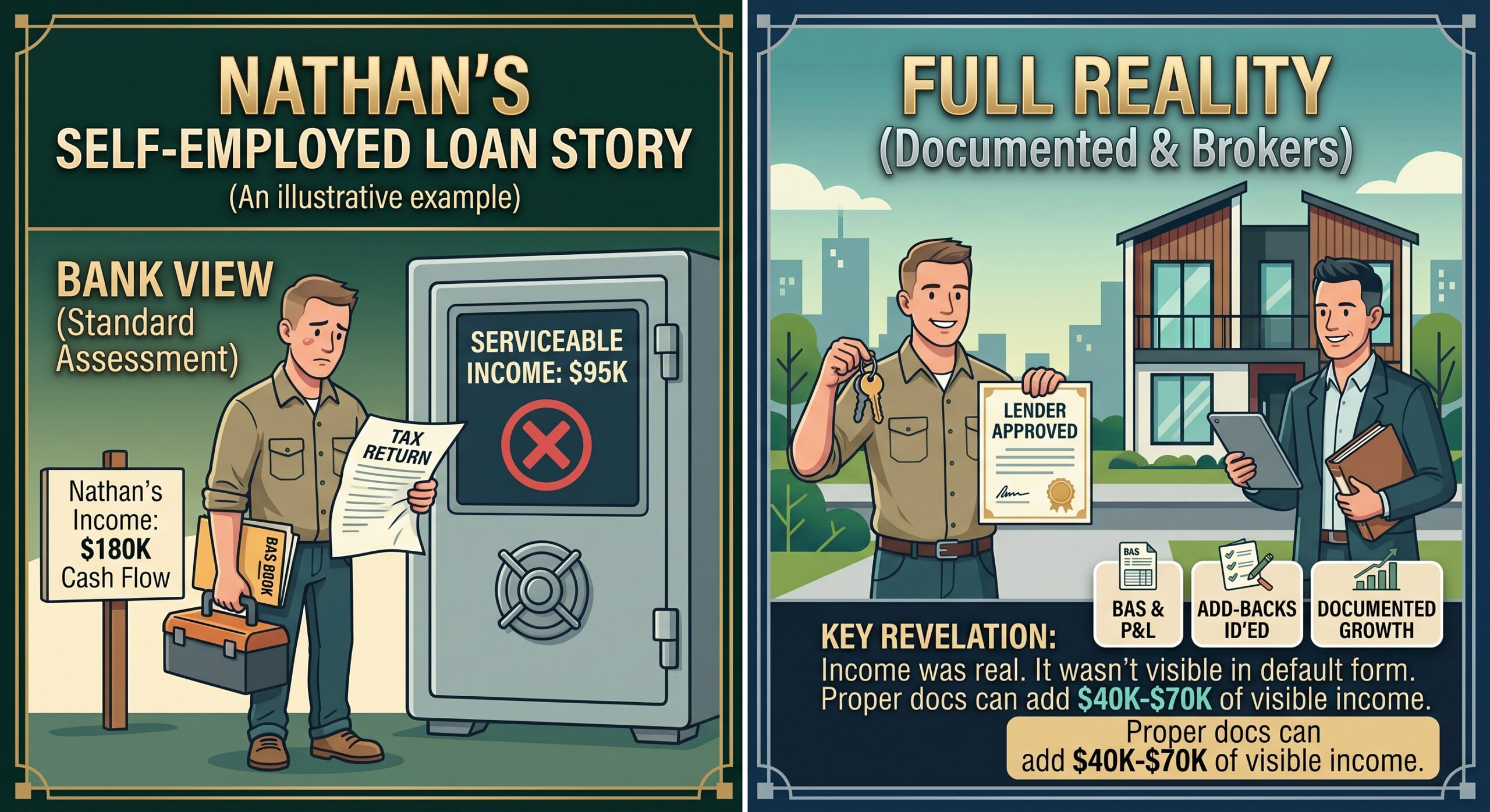 Self-employed tradesperson reviewing tax returns and business financials before applying for a home loan