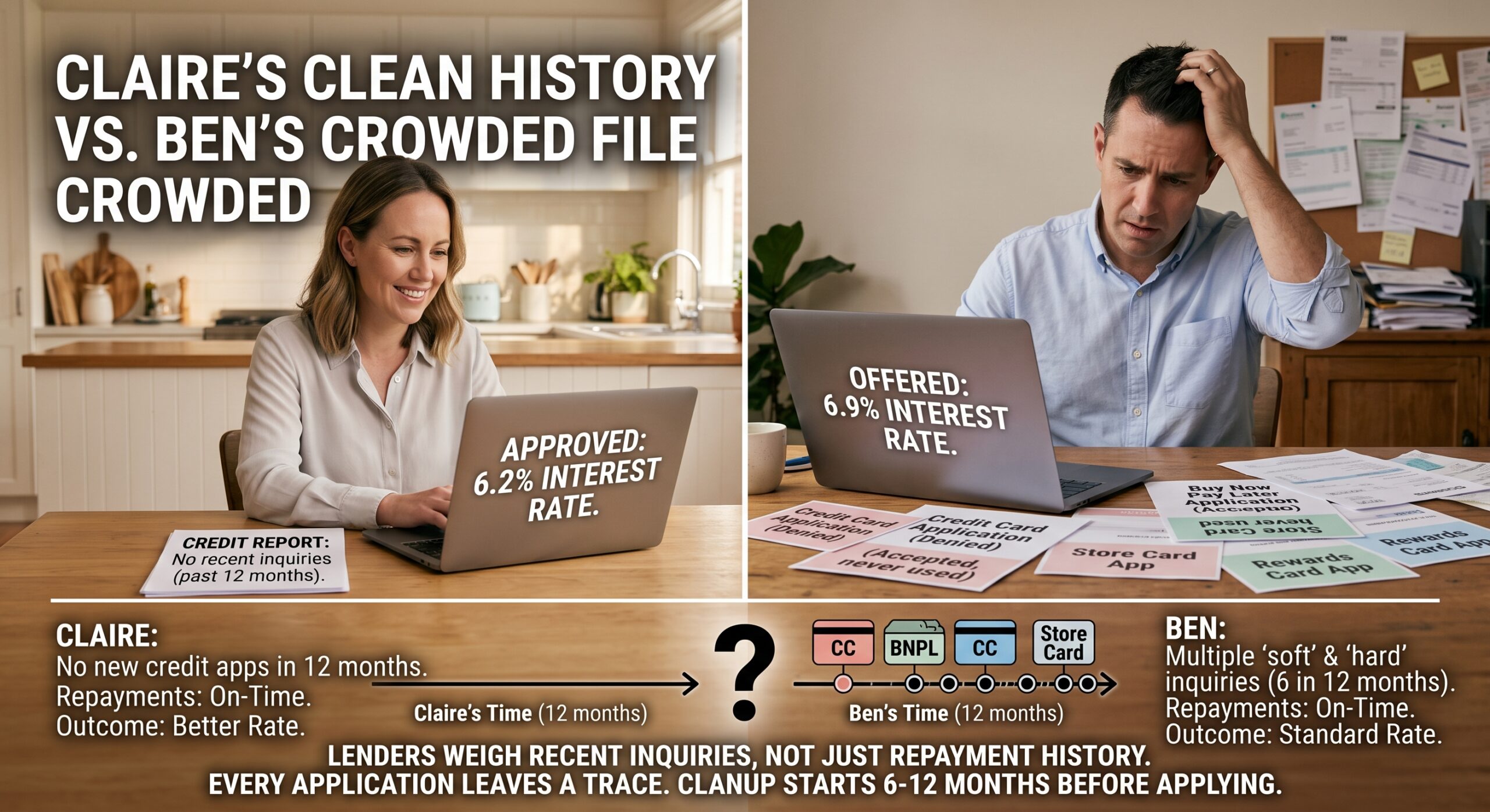 Two siblings comparing loan offer paperwork, surprised by different interest rates despite similar deposits