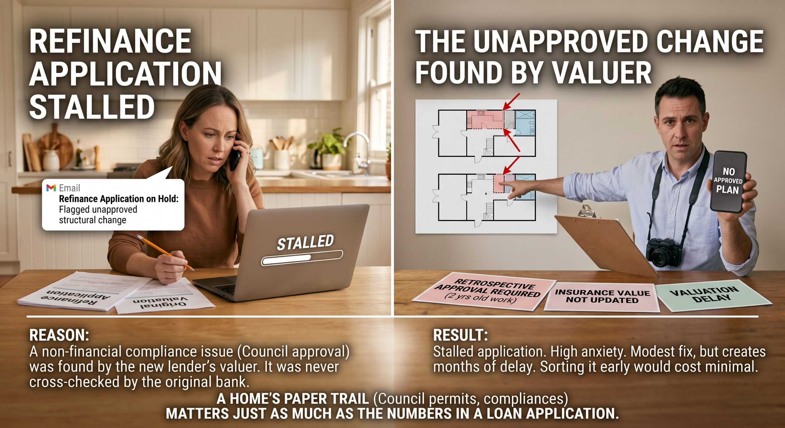 Homeowner discussing an unapproved renovation with a valuer during a home refinance application