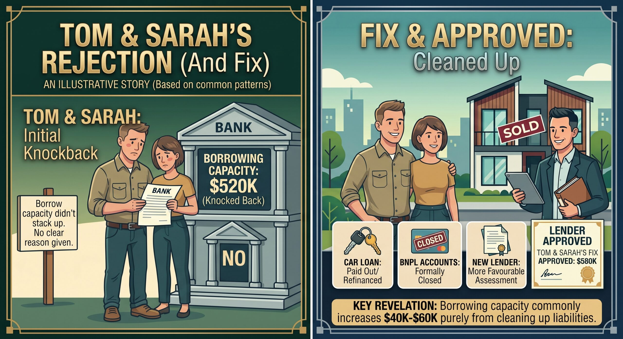 Couple reviewing loan documents after a home loan rejection, working through what needs to change before reapplying