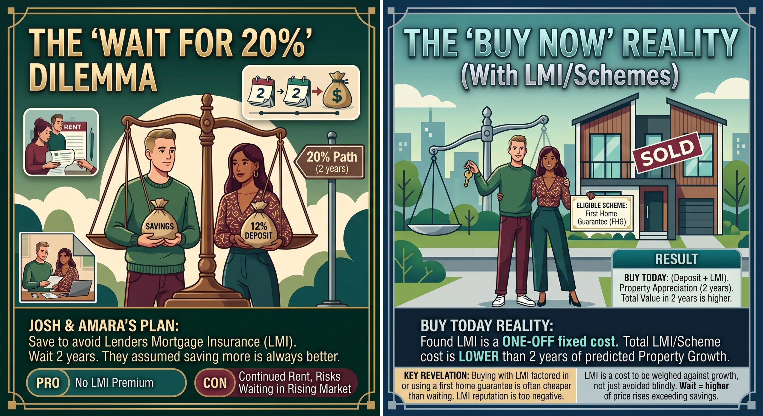 Young couple calculating whether to buy now with LMI or keep saving for a 20% deposit